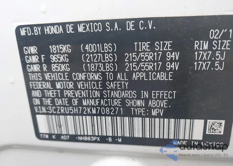 2019 Honda Hr-V Ex-L из США, поврежденный, VIN 3CZRU5H72KM708271